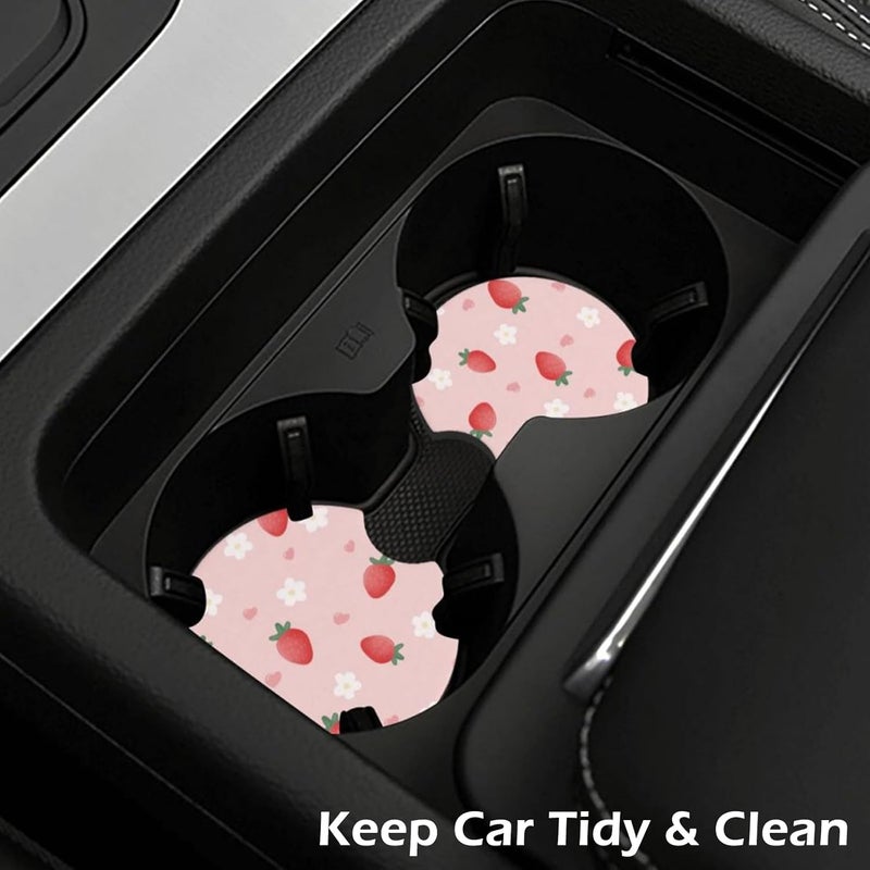 KARREAL 2 Pcs Car Cup Coasters, Cute Strawberry Universal Non-Slip Rubber Car Coasters for Cup Holders 2.75 inch, Car Interior Accessories for Women - Image 4